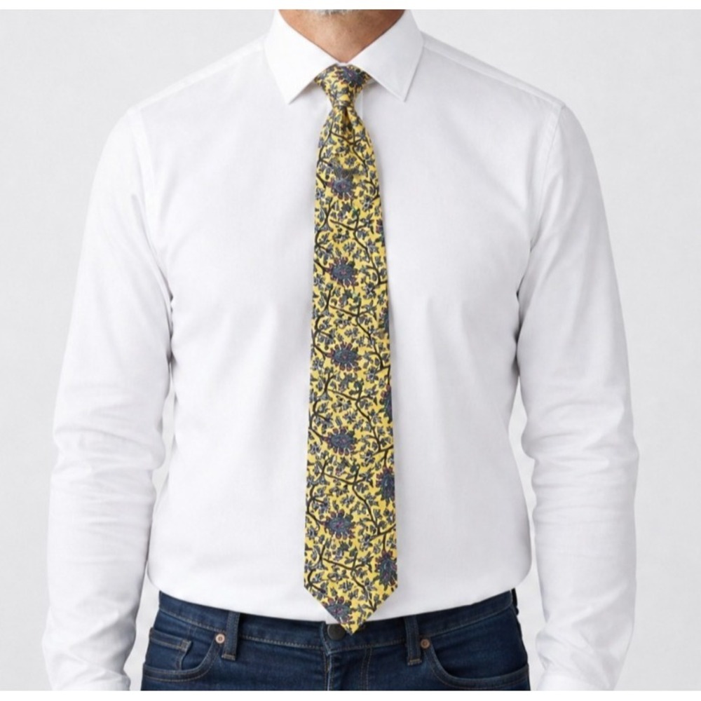 Yellow Silk Tie Paisley Floral Vintage Designer Mens Necktie Dior Monsieur USA